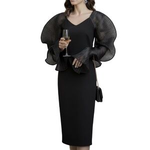 #A144   Why Dress  Black  Gala look Dress  Organza Wing like Sleeves  NWT  L